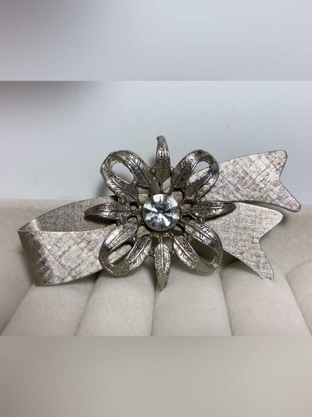 Vintage Rhinestone Floral Bow Silver Metal Hair Clip Barrette Japan Made 2.5”